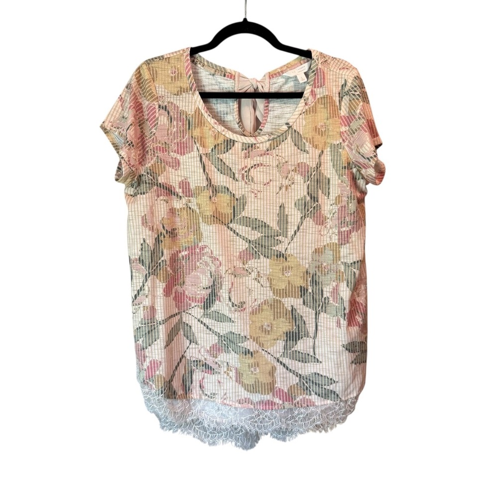LC Lauren Conrad Women's Large Floral Lace Hem Blouse Sheer Boho Feminine - Picture 2 of 7